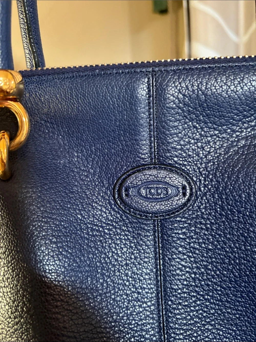 TODS Classic Navy Leather Satchel Handbag with Gold Hardware Sella Bauletto